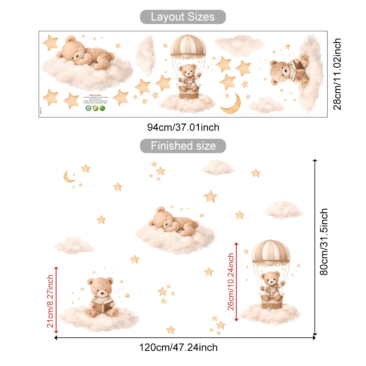 A set of cartoon bear, cloud, and star wall stickers for kids room decor.