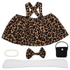 A decorative lawn goose costume set featuring a leopard print fabric, a bow, and a white accessory.