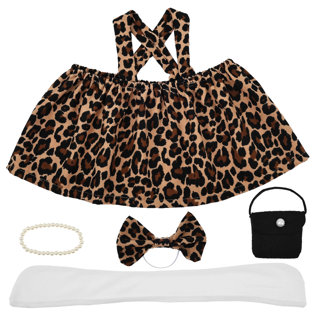 A decorative lawn goose costume set featuring a leopard print fabric, a bow, and a white accessory.