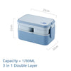 Light blue 3 in 1 double layer bento lunch box with utensils and bamboo fiber