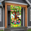 A vertical floral banner featuring children and a tree against a bright green background, displayed in a wooden door frame.