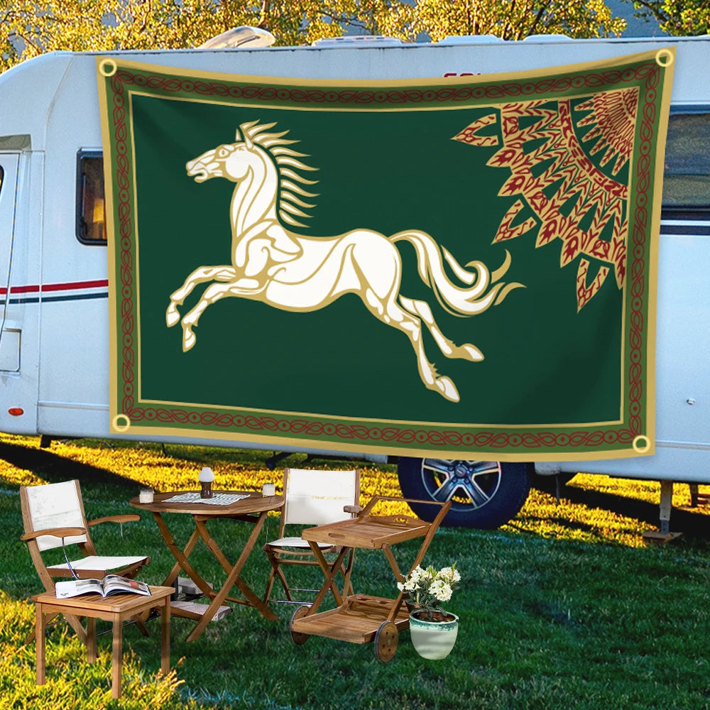 A green tapestry flag featuring a golden horse in a leaping pose, displayed on the side of a white RV.
