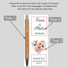 A vertical card design featuring names and a floral heart illustration with space for personalized text.
