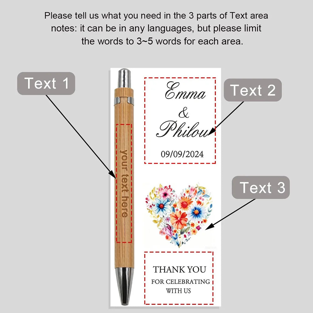 A vertical card design featuring names and a floral heart illustration with space for personalized text.