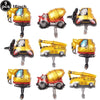 Set of nine construction truck foil balloons in various colors for birthday party decor