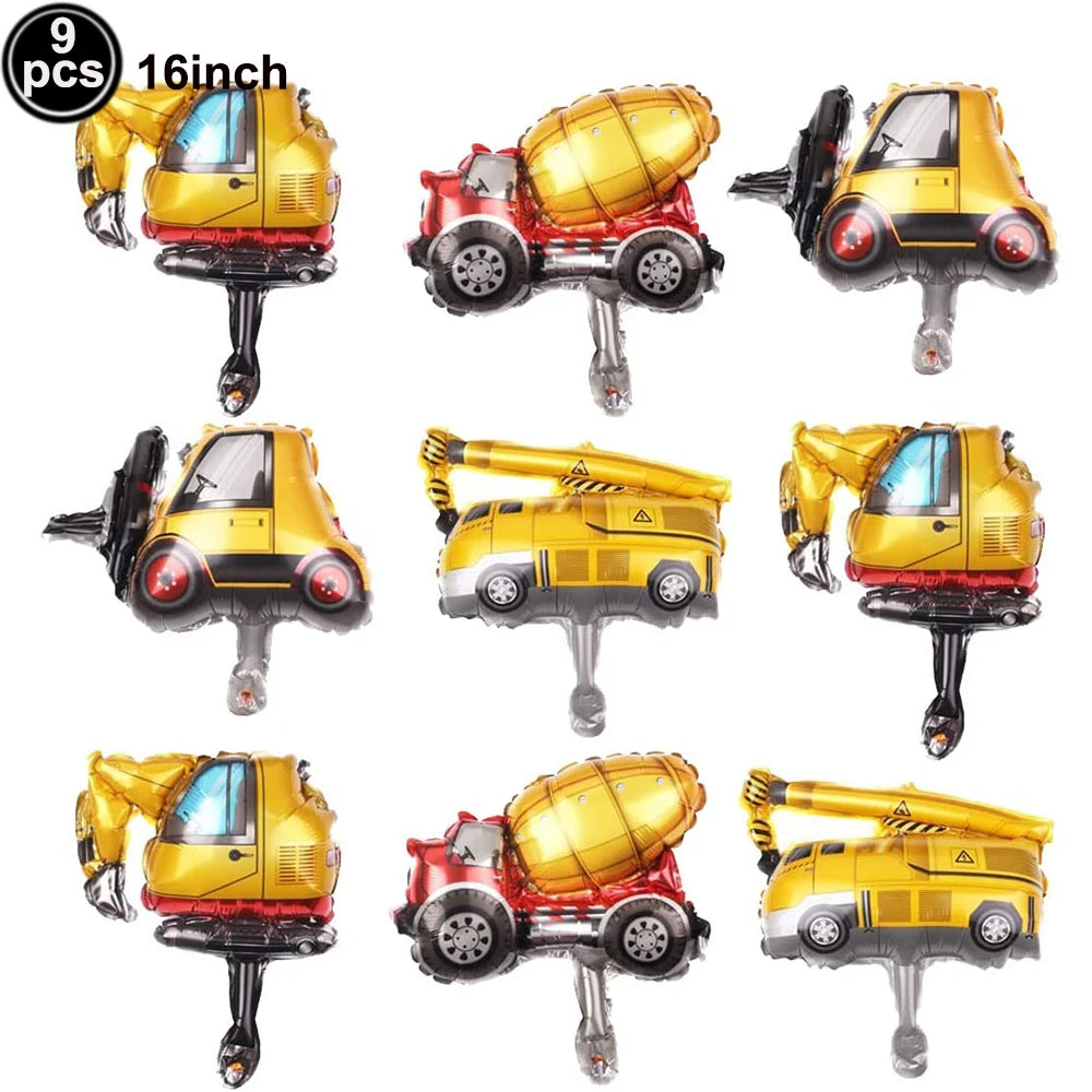 Set of nine construction truck foil balloons in various colors for birthday party decor