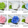 A set of artificial hydrangea stems in various colors including green, white, light blue, pink, deep blue, and light pink.