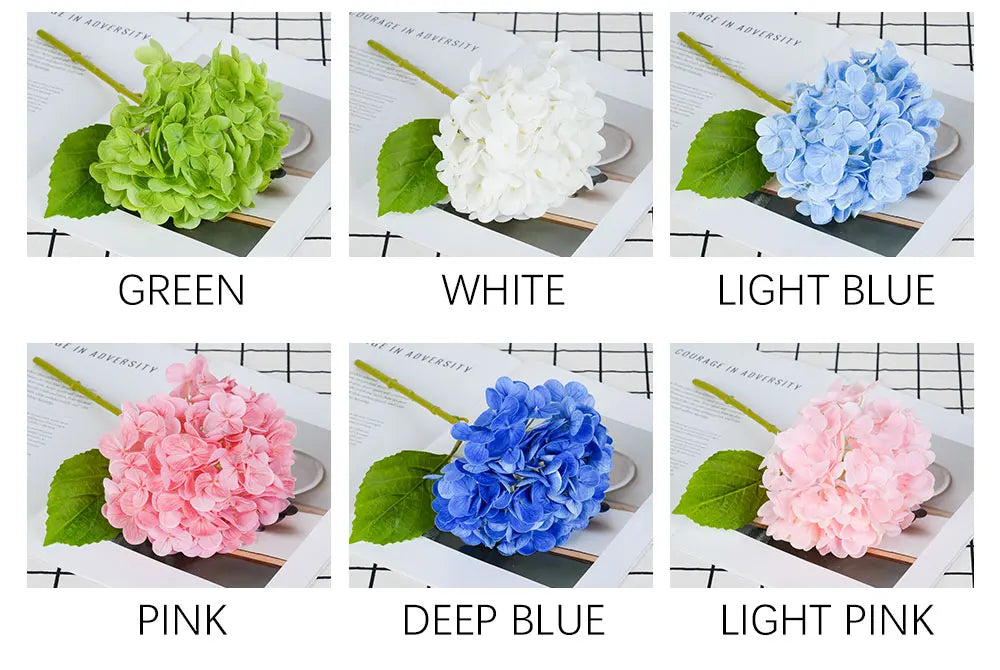 A set of artificial hydrangea stems in various colors including green, white, light blue, pink, deep blue, and light pink.