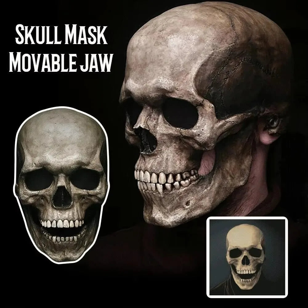 A realistic full-head skull mask with a movable jaw shown in close-up against a dark background.