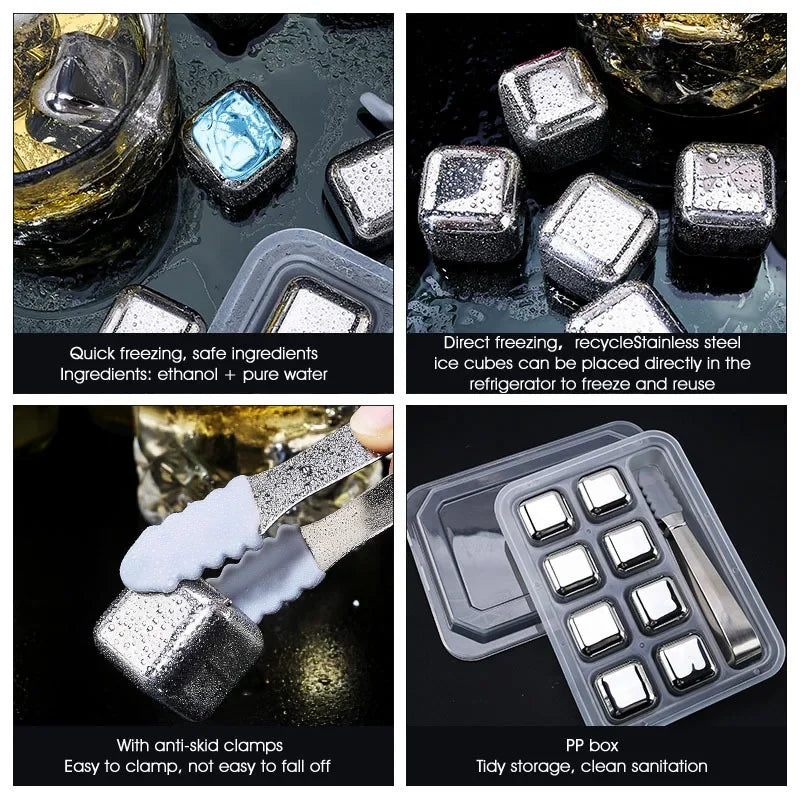 Reusable stainless steel ice cubes with anti-slip clamps and an PP box for storage