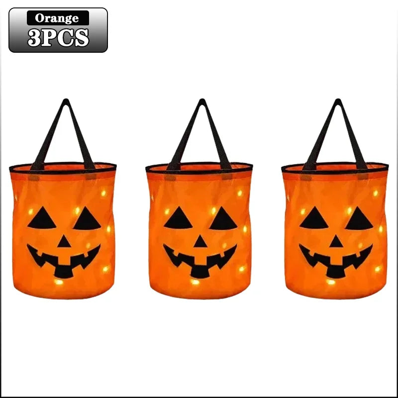 Orange Halloween pumpkin tote bag with light-up face design and handle