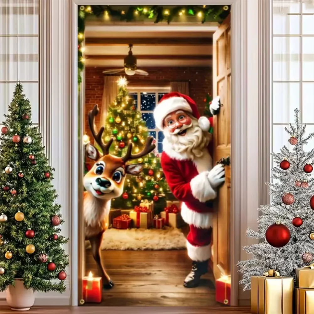 Merry Christmas Party Decoration Door Cover with Santa, Snowman & Reindeer Design
