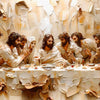 Une peinture représentant un groupe d'hommes rassemblés autour d'une table dans un cadre ancien.