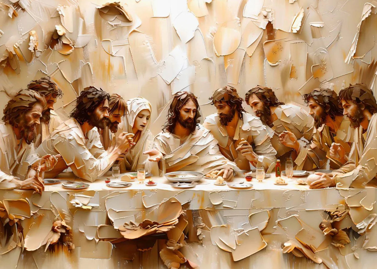Une peinture représentant un groupe d'hommes rassemblés autour d'une table dans un cadre ancien.
