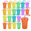 A collection of neon colored reusable sipper cups with spill-proof lids and straws.