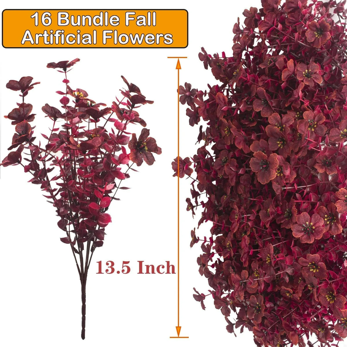 A bundle of deep burgundy artificial silk flowers used for outdoor decoration.
