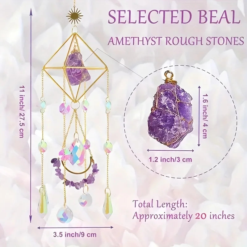 A long amethyst crystal pendant necklace featuring rough amethyst stones and golden accents.
