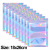 A set of holographic rainbow resealable bags stacked in a row.