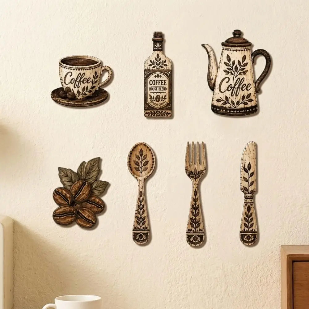 Rustic Wooden Coffee-Themed Wall Decor Set (7 Pieces)