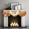 Autumn harvest fireplace mantel scarf featuring floral designs and pumpkins