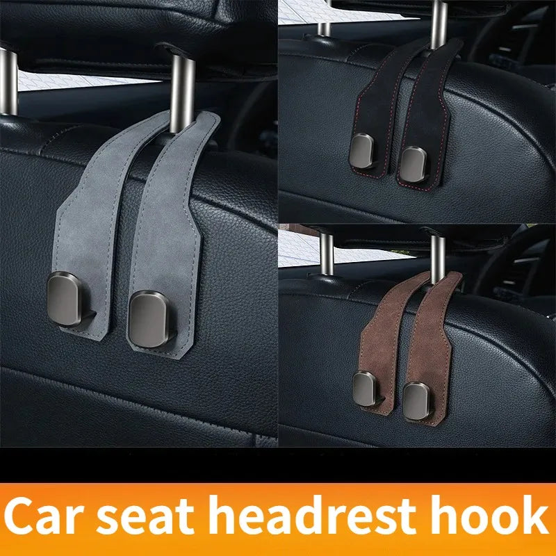 Set of car seat headrest hooks in gray and brown leather for organizing seats