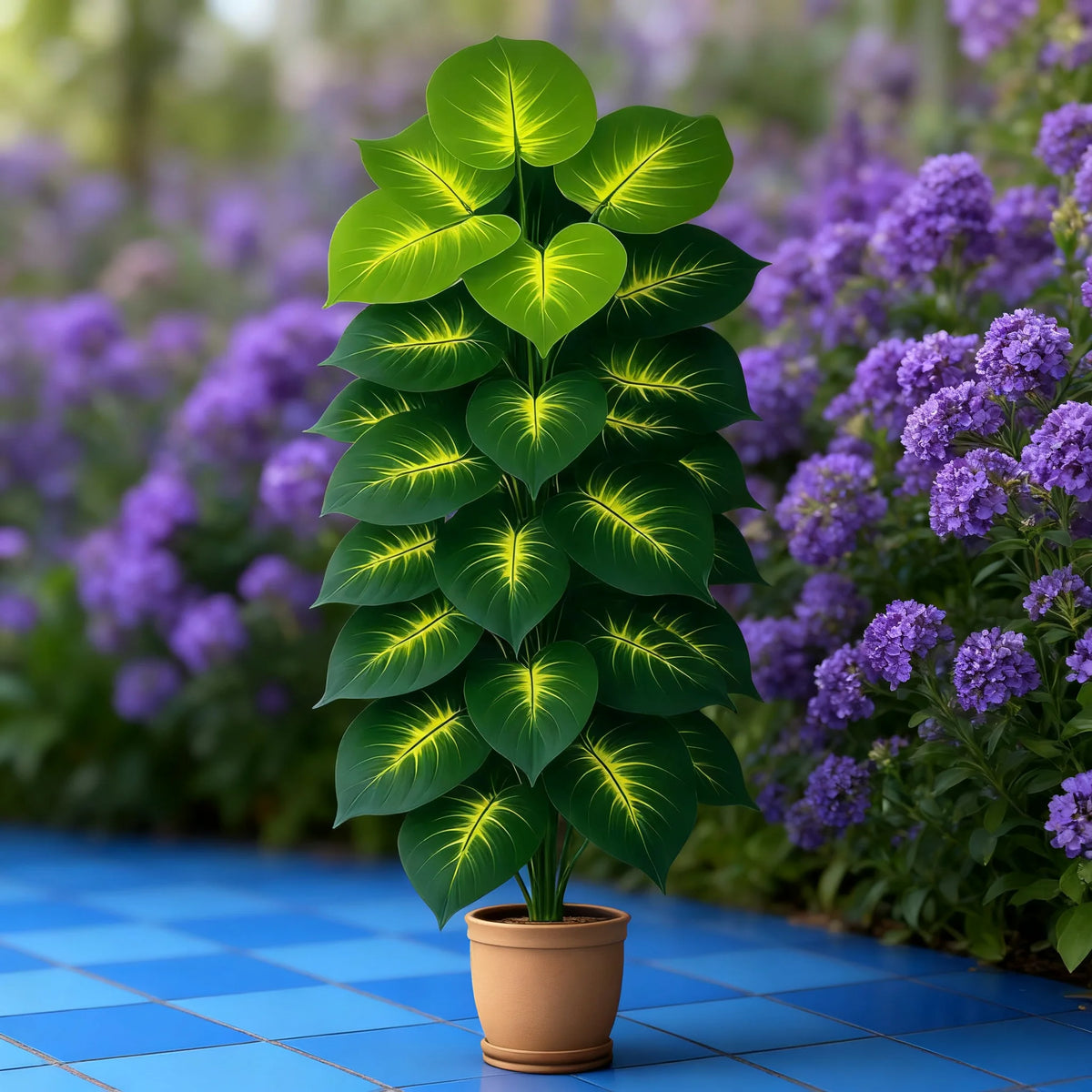 A vibrant green artificial palm tree with 24 leaves planted in a terracotta pot on a blue tiled surface.