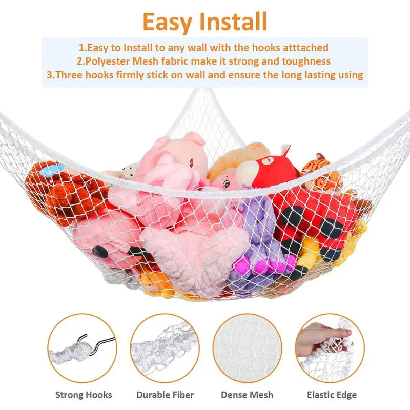 A mesh storage organizer for stuffed animals featuring three hooks and an elastic edge.