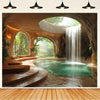A luxurious tropical cave setting featuring a flowing waterfall cascading into a serene pool surrounded by lush greenery.