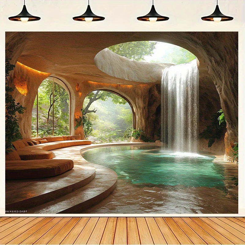 A luxurious tropical cave setting featuring a flowing waterfall cascading into a serene pool surrounded by lush greenery.