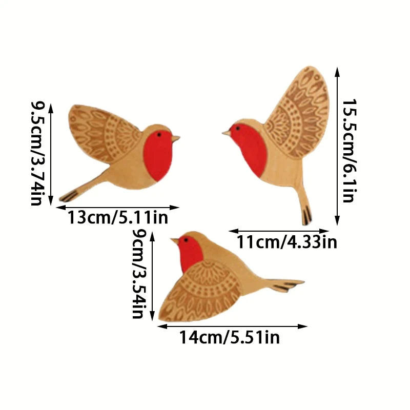 Set of three vintage wooden bird wall decorations showing different angles and sizes.