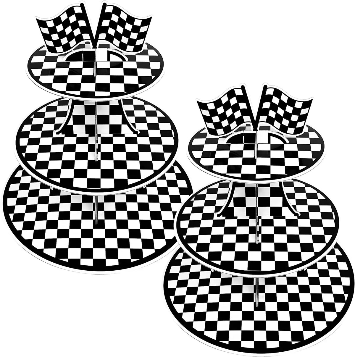 A set of black and white checkered birthday racing car party decorations.