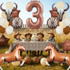 A set of western theme foil balloons shaped like the number three and decorative horse figures.