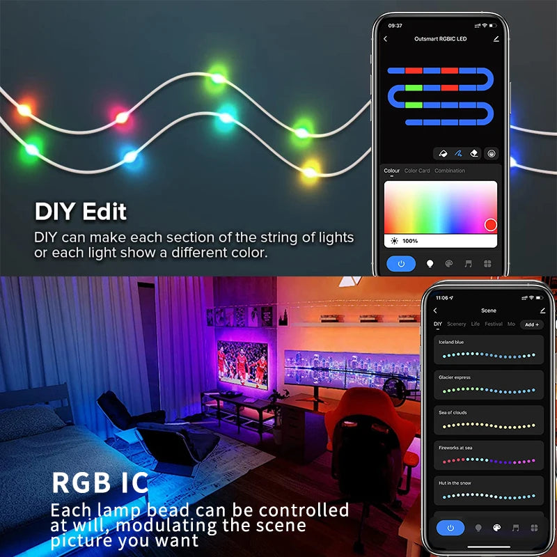 DIY Edit of an RGBIC LED fairy string lights showing various colors and a control interface.