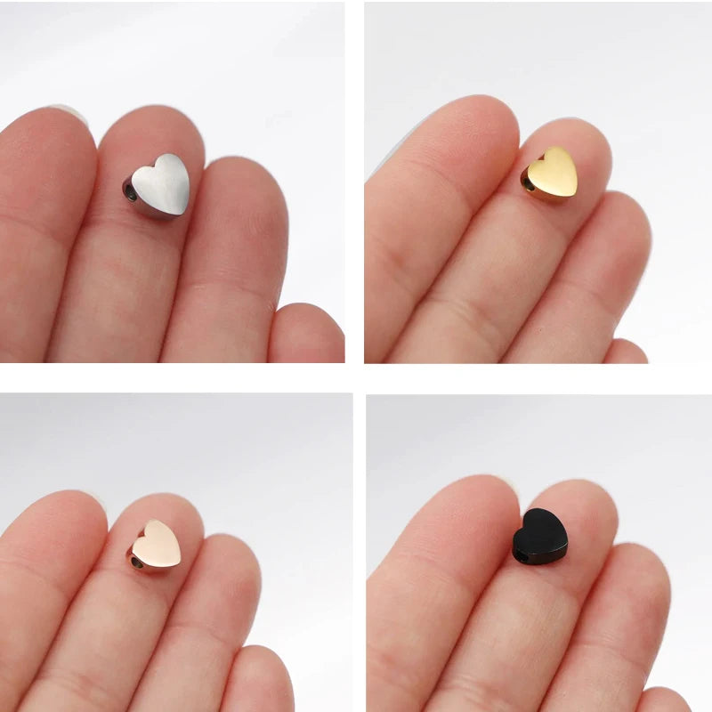 Close-up photos show heart-shaped stainless steel bead charms resting on human fingers.