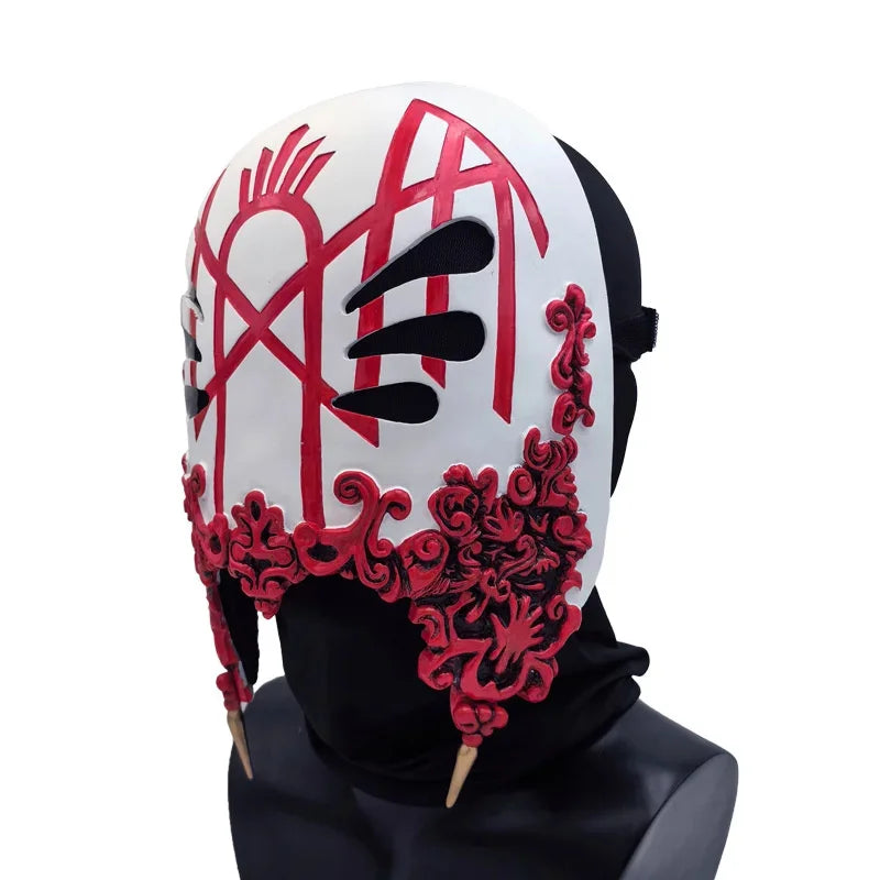 A white sleep mask featuring red tribal-style graphics and floral accents for cosplay or party use.