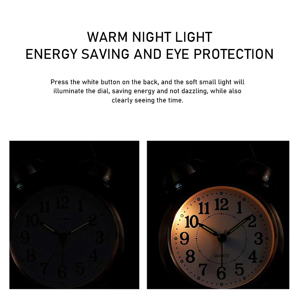 A vintage twin-bell alarm clock with a warm night light illuminating the dial.