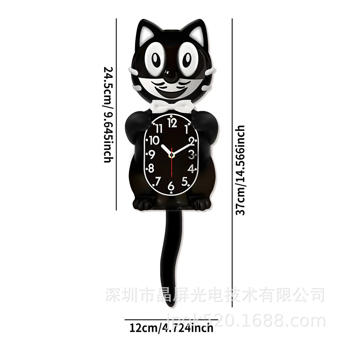 Black cartoon cat wall clock with a swinging tail and white bow tie
