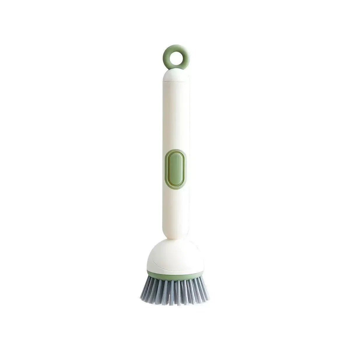 A white liquid washing brush with a green handle and bristles.