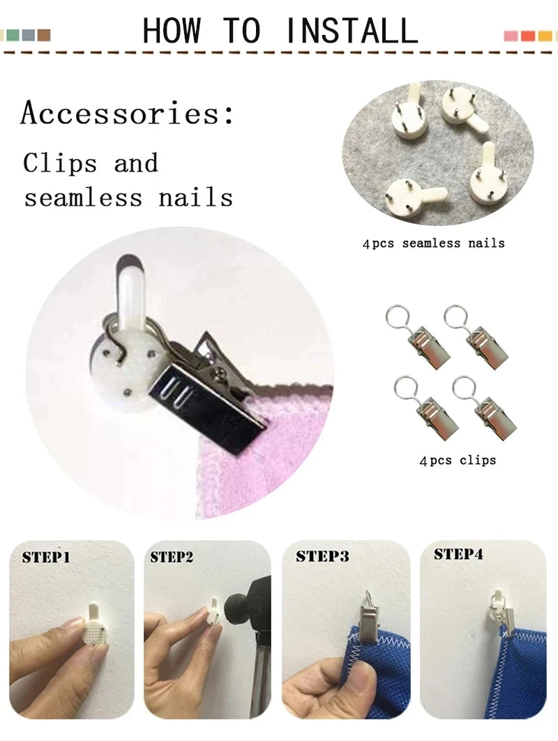 Installation steps showing how to install clips and seamless nails for wall decor