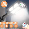 A solar street light fixture with 43 LEDs is shown illuminating an area, alongside icons detailing its features.