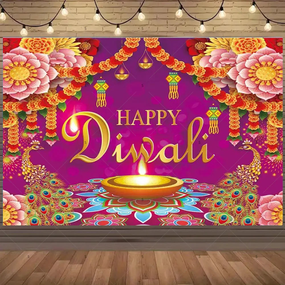 A vibrant backdrop featuring pink and orange floral decorations, golden diyas, and the text Happy Diwali.