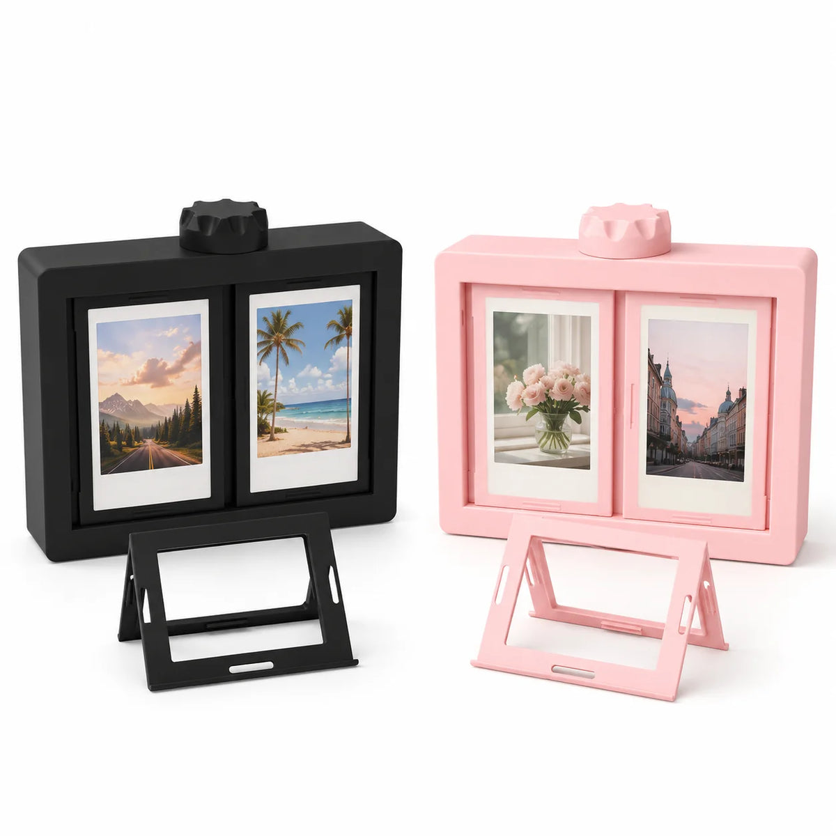 A pink and black 3D rotating photo frame set with a stand for desk display.