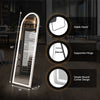 Full-length LED floor mirror displayed with features like a stable stand, supportive hinge, and round corner design.