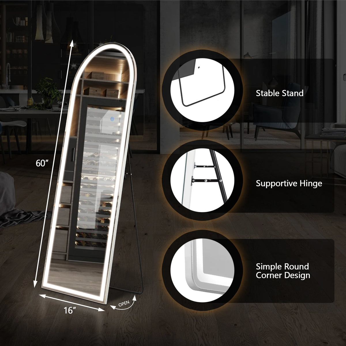 Full-length LED floor mirror displayed with features like a stable stand, supportive hinge, and round corner design.
