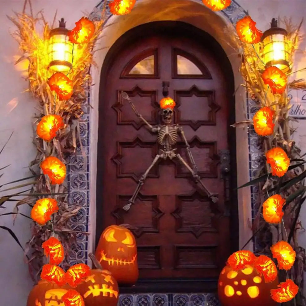 A dark wooden door decorated with glowing orange marigold lights and dried foliage for festive Halloween or autumn decor.