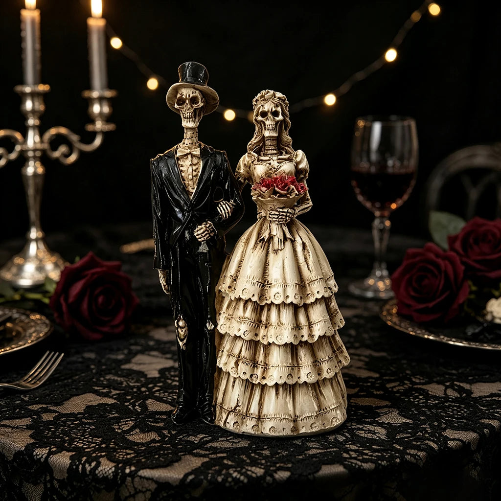A dark gothic statue featuring a skeleton bride and groom figurine set on a black lace tablecloth.