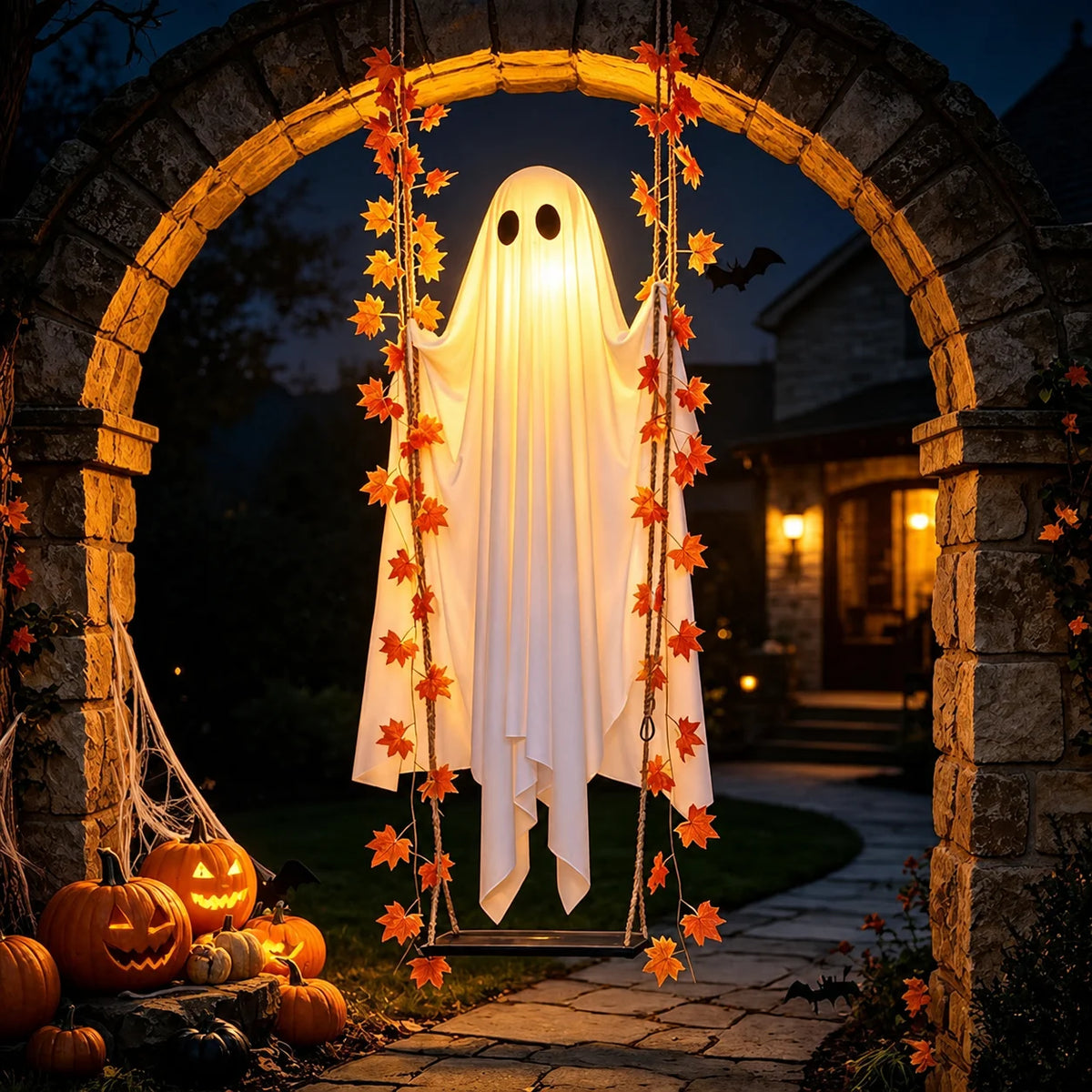 Una fantasma de tela blanca brillante con hojas de arce cuelga dentro de un arco de piedra por la noche.