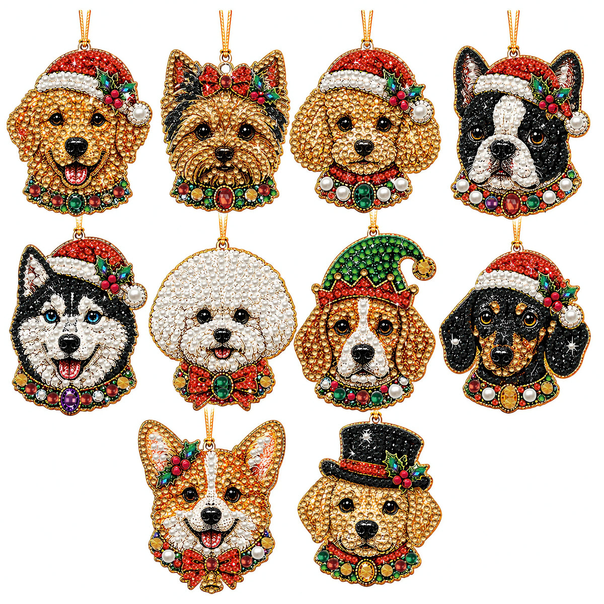 A set of Christmas diamond art ornaments featuring pendants shaped like Santa, snowman, and reindeer dogs.
