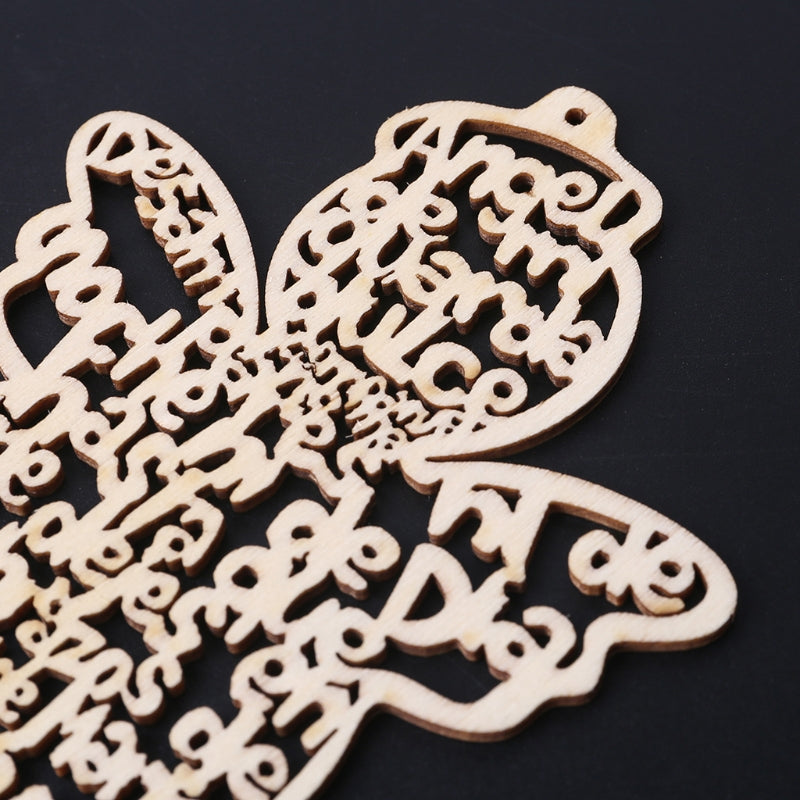 A set of twelve wooden angel ornaments cut from light wood with intricate designs.