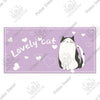 A purple rectangular wall plaque featuring a cute black and white cat illustration and the text Lovely Cat.